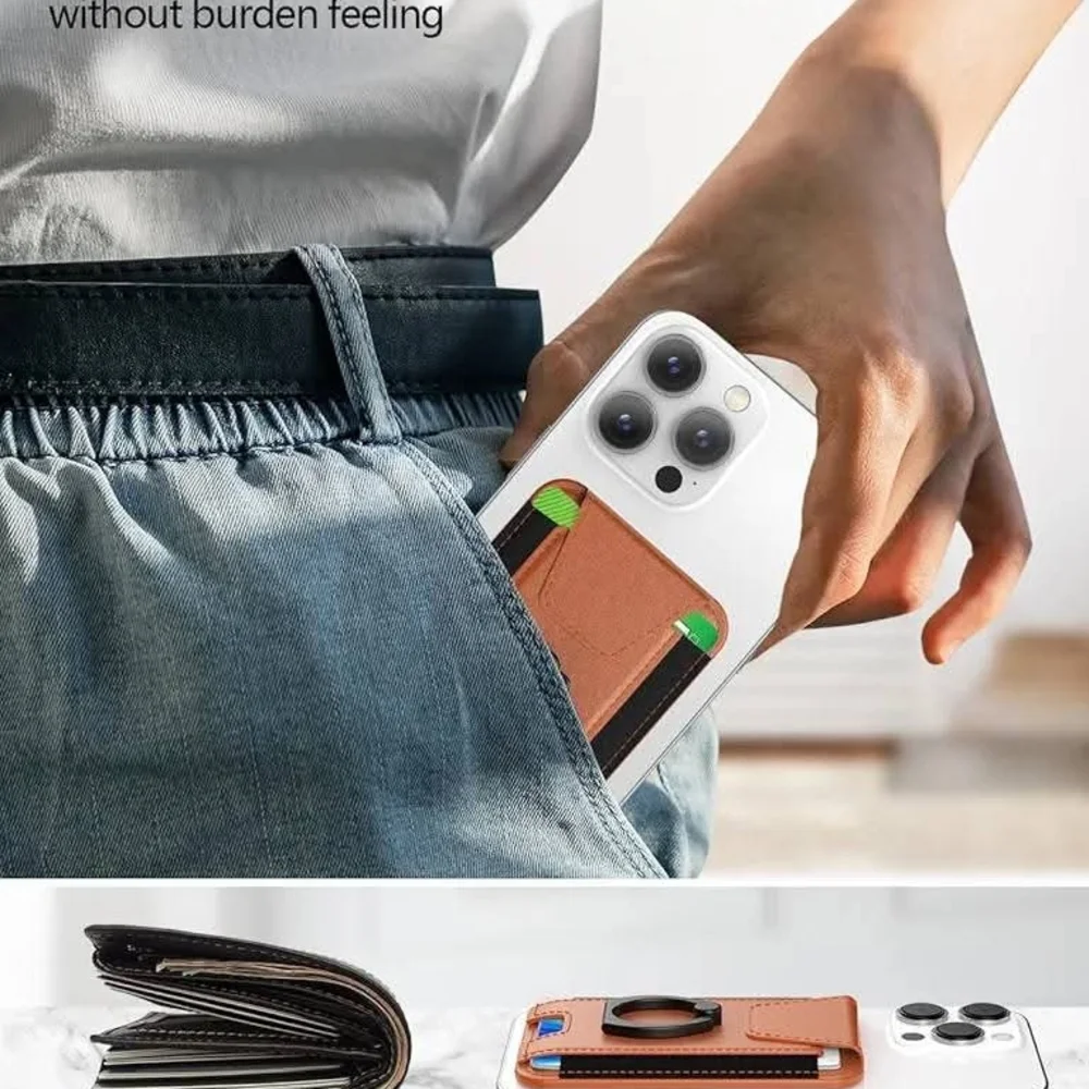 Magsafe Tan Leather Phone Wallet with Ring Holder